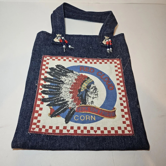 Denim Hand Made Tote Bag Purse With Red Cloud Corn Patch Sewd On (14"×16.5") see - Picture 1 of 8